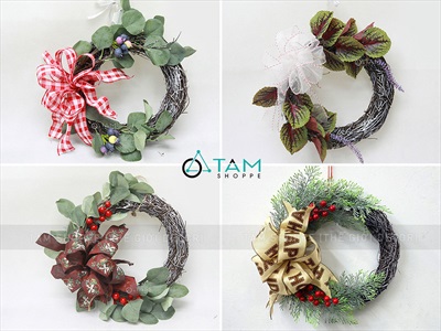 Vòng nguyệt quế Noel nửa vòng thắt nơ ĐK30cm VNGQ-X-43